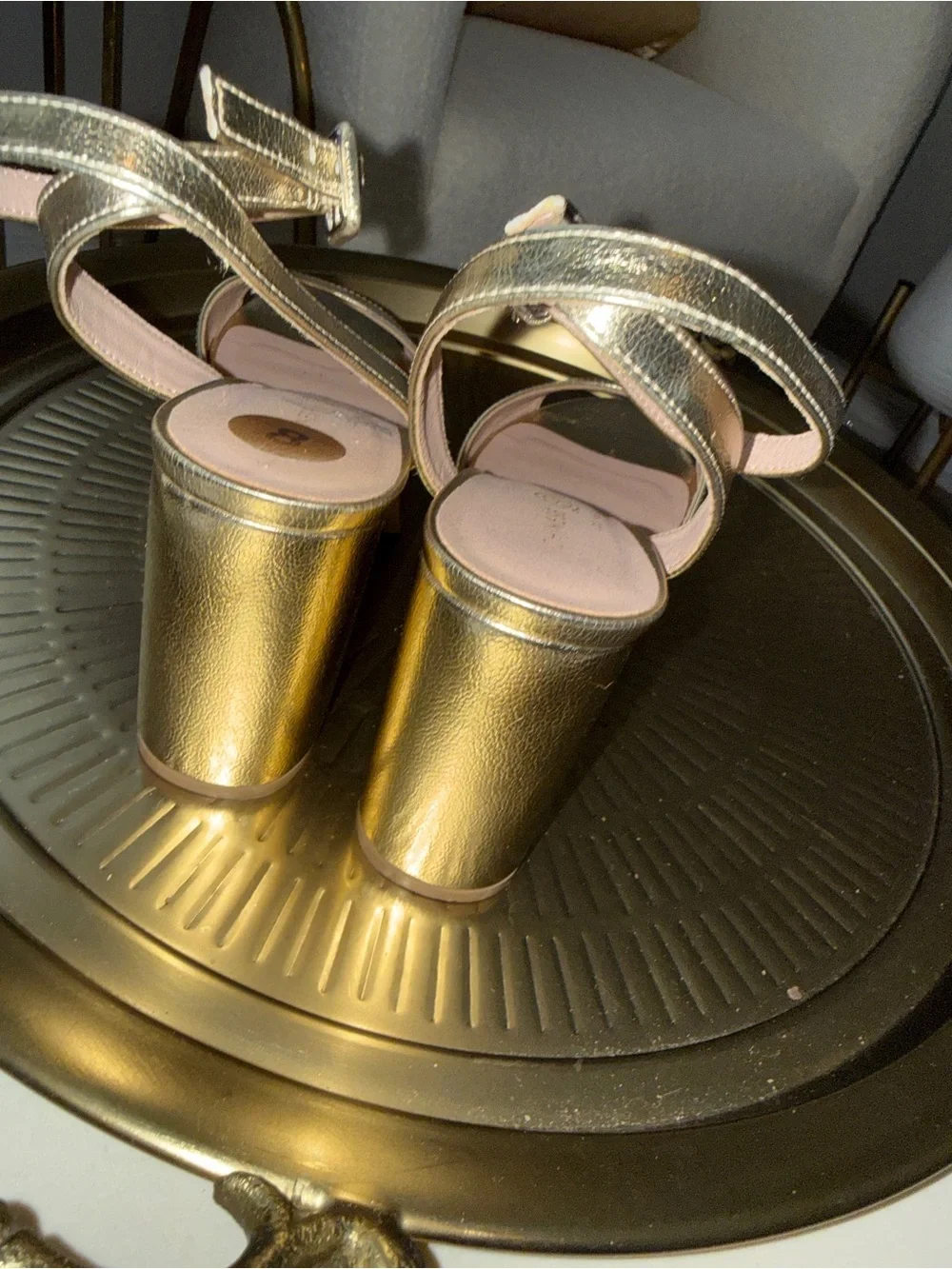 Metallic Gold Ankle-Strap Block Heel Sandals